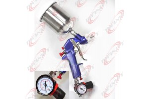 1.7mm Air HVLP Gravity Feed Spray Paint Gun W/ Gauge Regulator & 600cc Fluid Cup